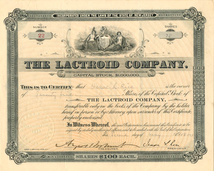 Lactroid Co. signed by August Belmont, Jr. and Isaac L. Rice - Stock Certificate